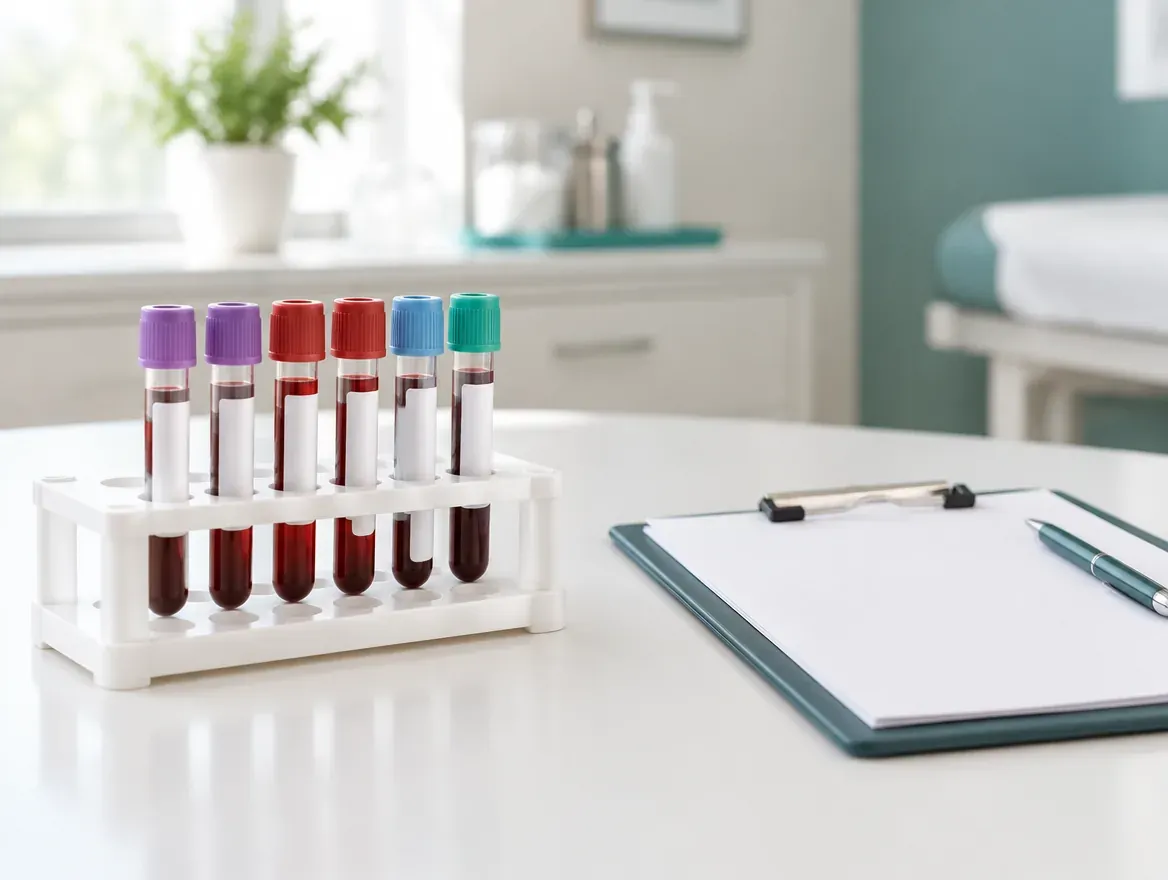 Blood sample tubes in a rack beside a clipboard in a clinic