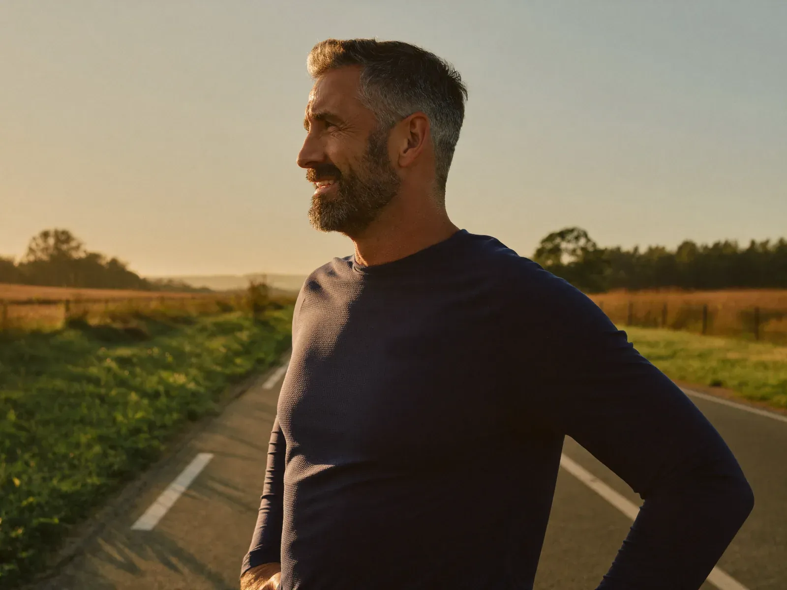 A smiling man with a gray beard on a country road at sunrise after a run