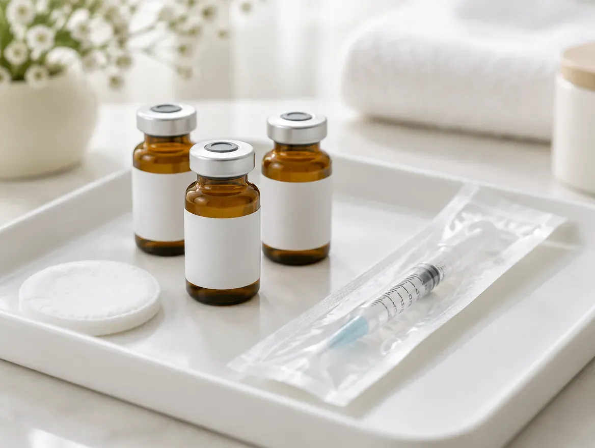 Vitamin vials and a sealed syringe on a white tray