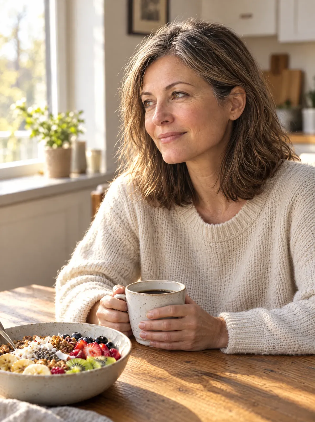 The same woman at her kitchen table on a sunny morning, relaxed and smiling over coffee